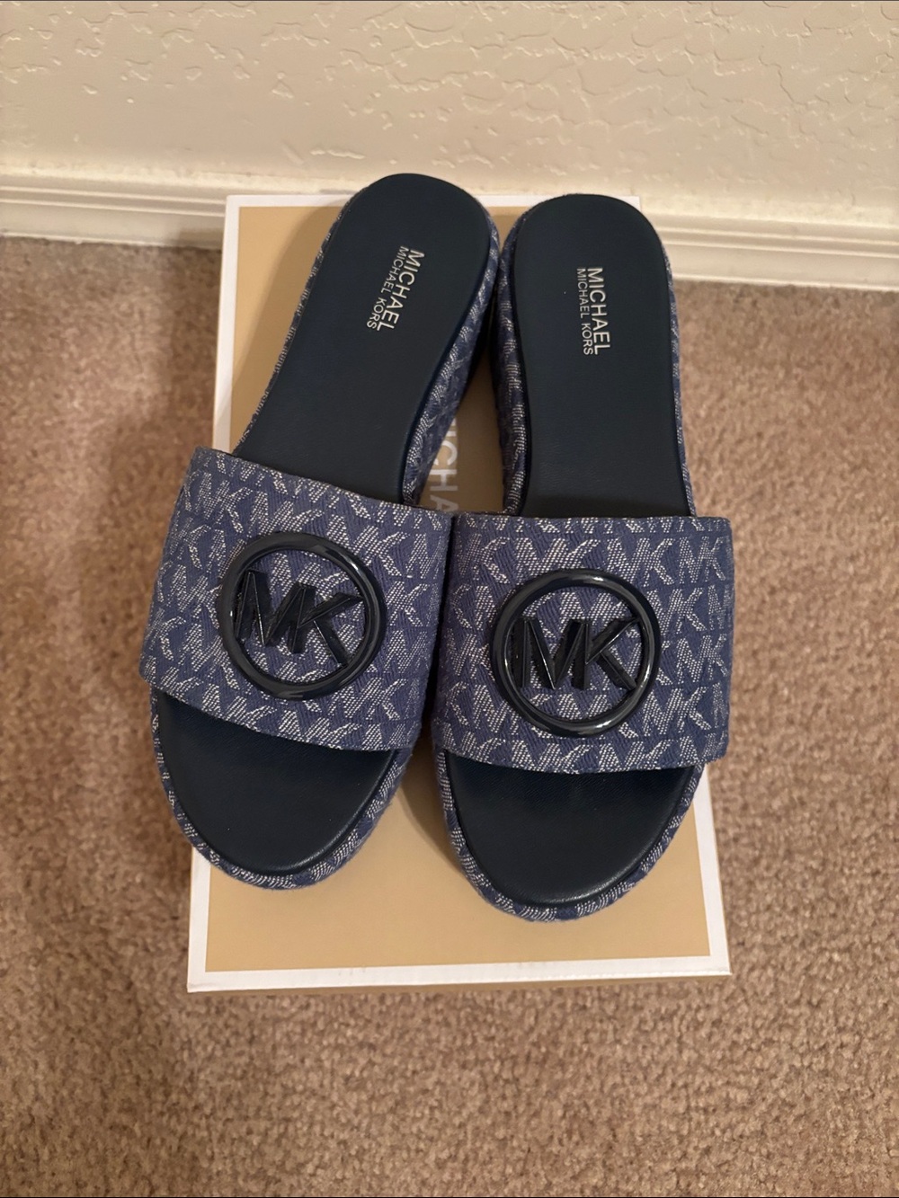 Michael Kors Blue MK Logo Denim-Pattern Slide Sandals